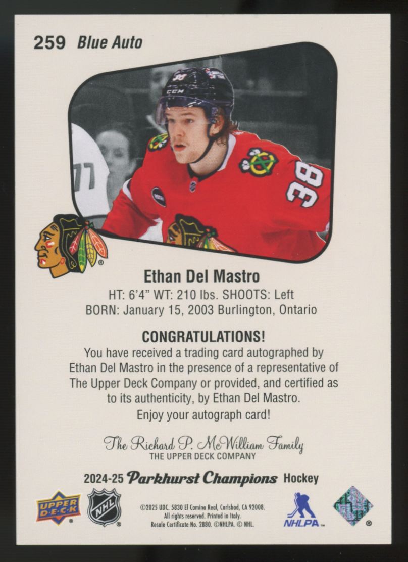 2024-25 Upper Deck Parkhurst Champions Ethan Del Mastro RC Blue Auto /49 #259