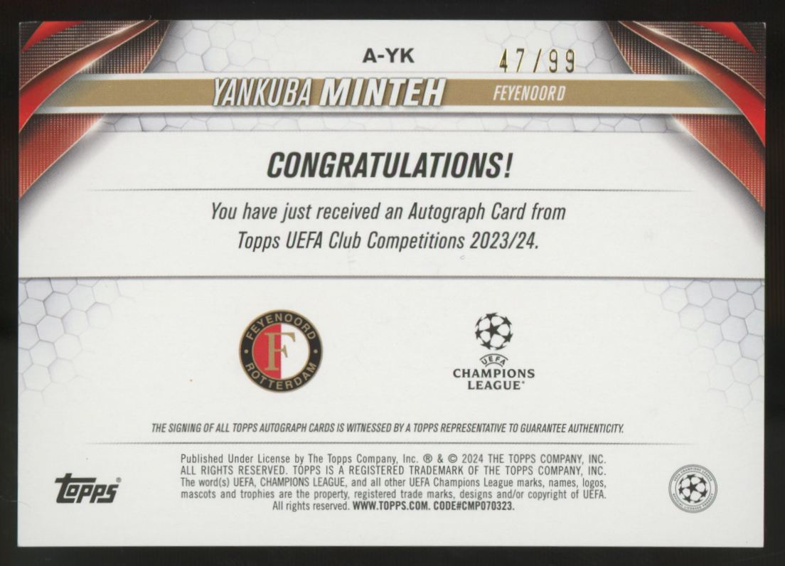 2023-24 Topps UEFA Competitions Yankuba Minteh RC Blue Icy Foilboard Auto /99