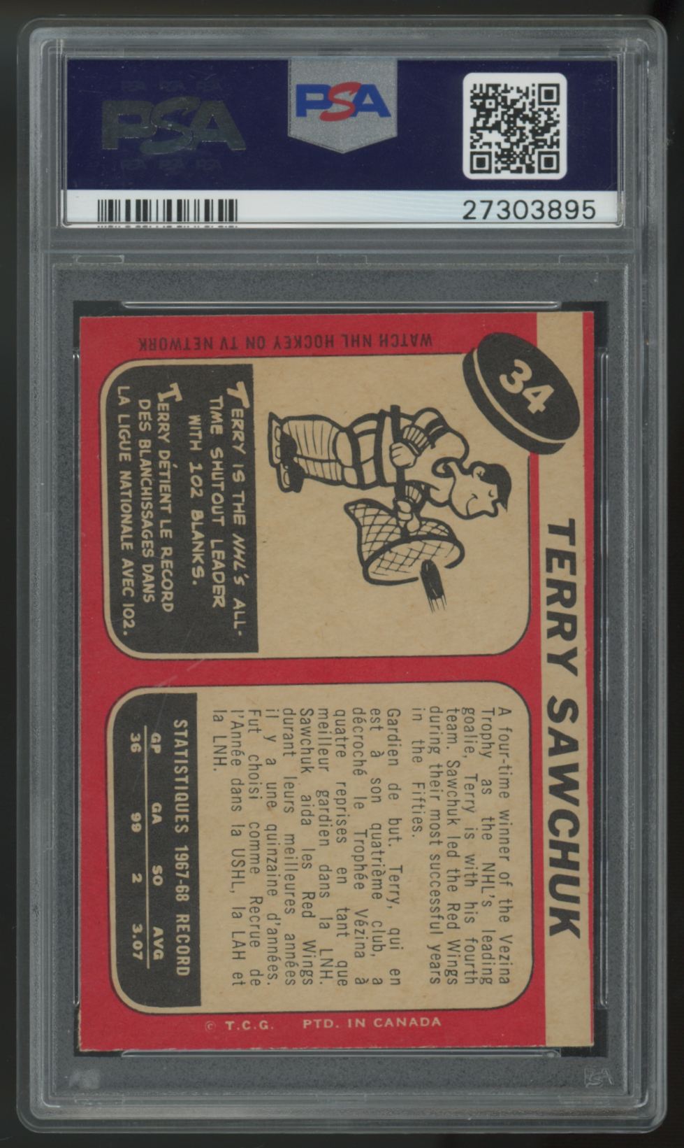 1968-69 O-Pee-Chee Terry Sawchuk #34 PSA 6