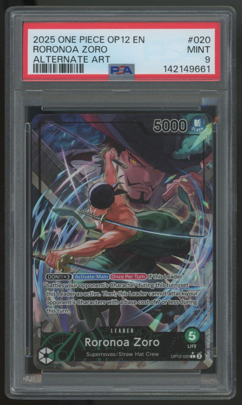 2025 One Piece Roronoa Zoro OP12 Alt Art #020 PSA 9