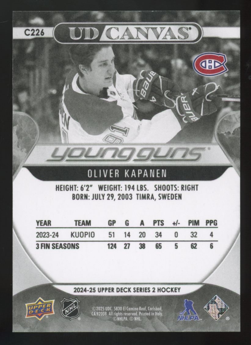 2024-25 Upper Deck Series Two Oliver Kapanen RC Young Guns Canvas #C226