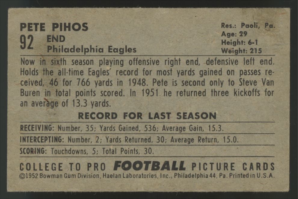 1952 Bowman Pete Pihos #92 EX+