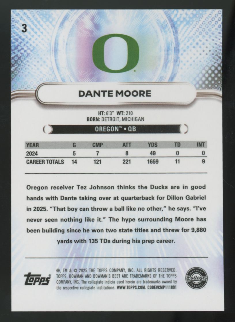 2025 Bowman Best University Dante Moore Teal Refractor /15 #3