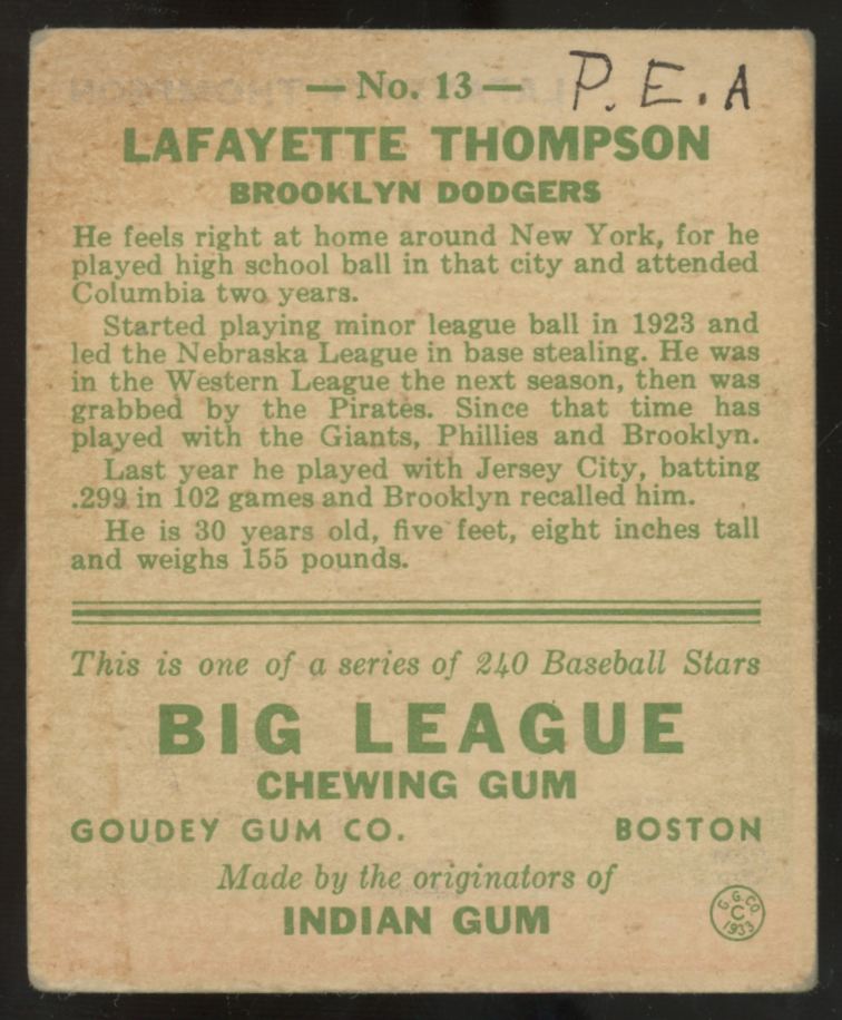 1933 Goudey Lafayette Thompson #13 VG+ (MK)