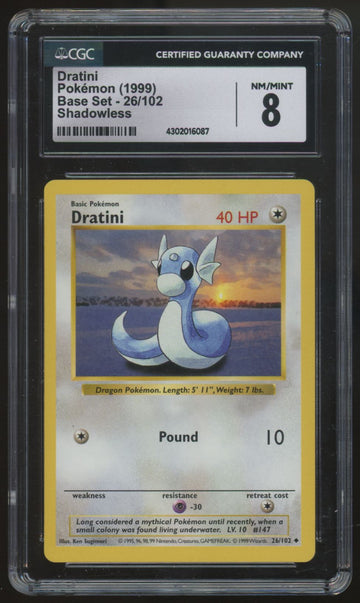 1999 Pokemon Dratini Base Set Shadowless #26 CGC 8