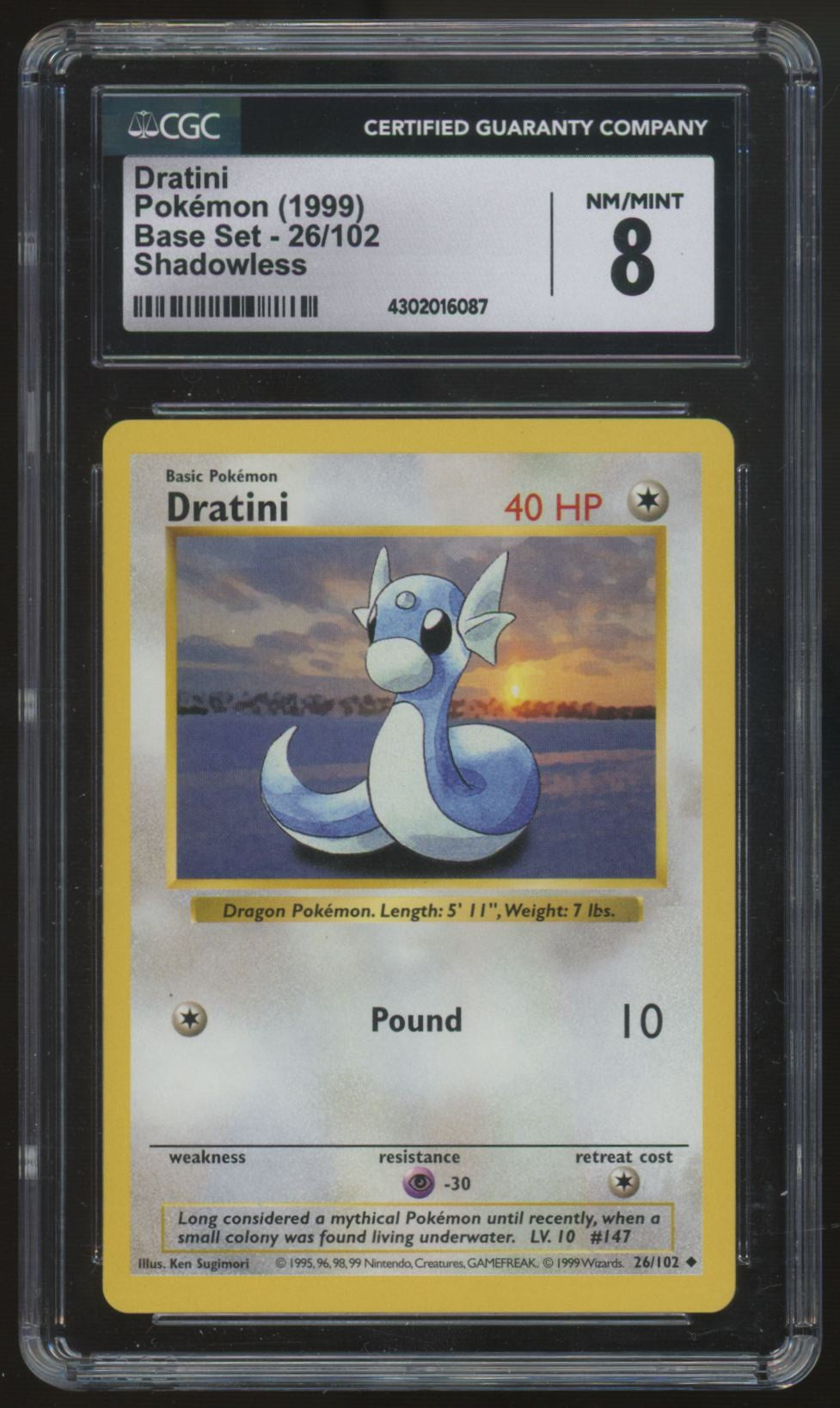 1999 Pokemon Dratini Base Set Shadowless #26 CGC 8
