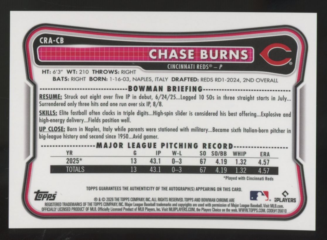 2026 Bowman Chrome Chase Burns RC Auto #CRA-CB