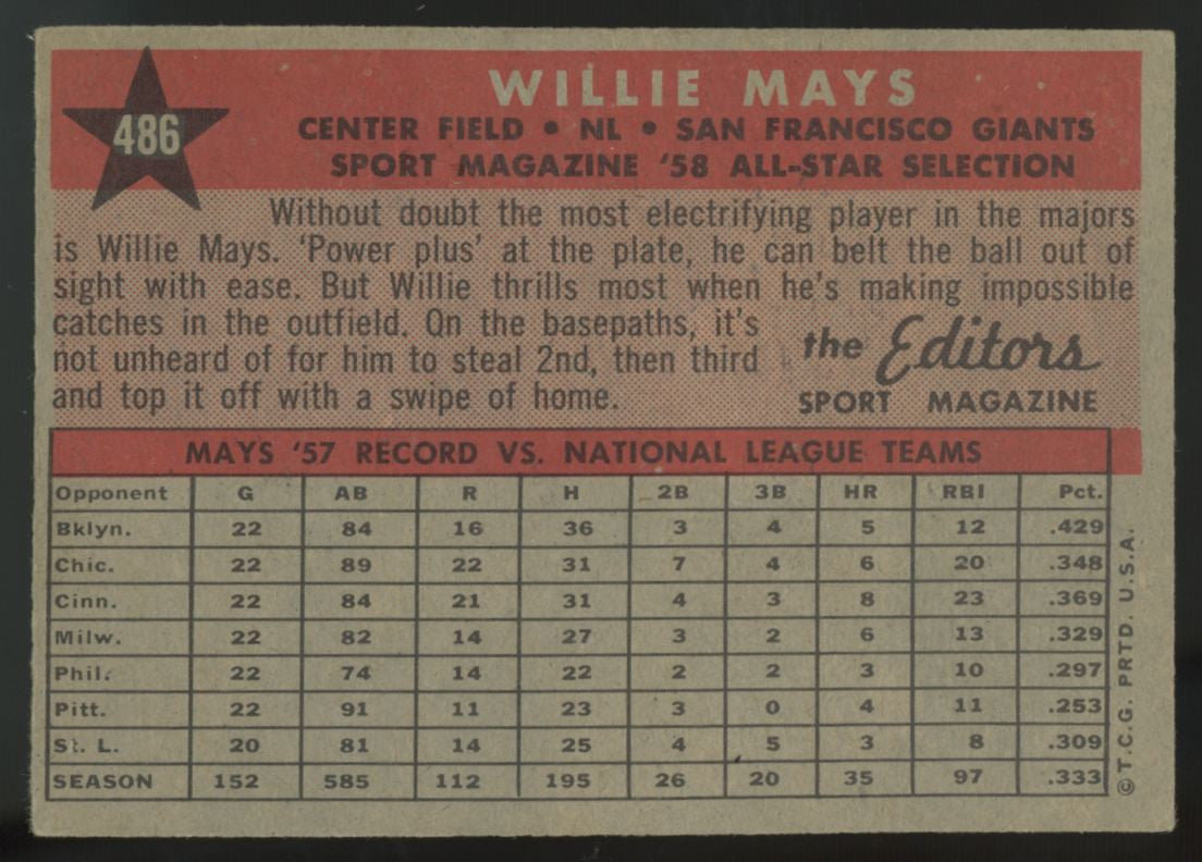 1958 Topps Willie Mays All-Star #486 VG/EX