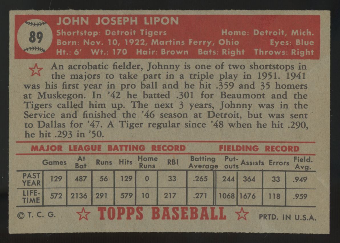 1952 Topps Johnny Lipon #89 EX