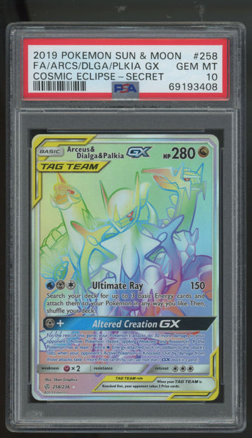 2019 Pokemon Arceus & Dialga & Palkia GX Cosmic Eclipse Secret #258 PSA 10