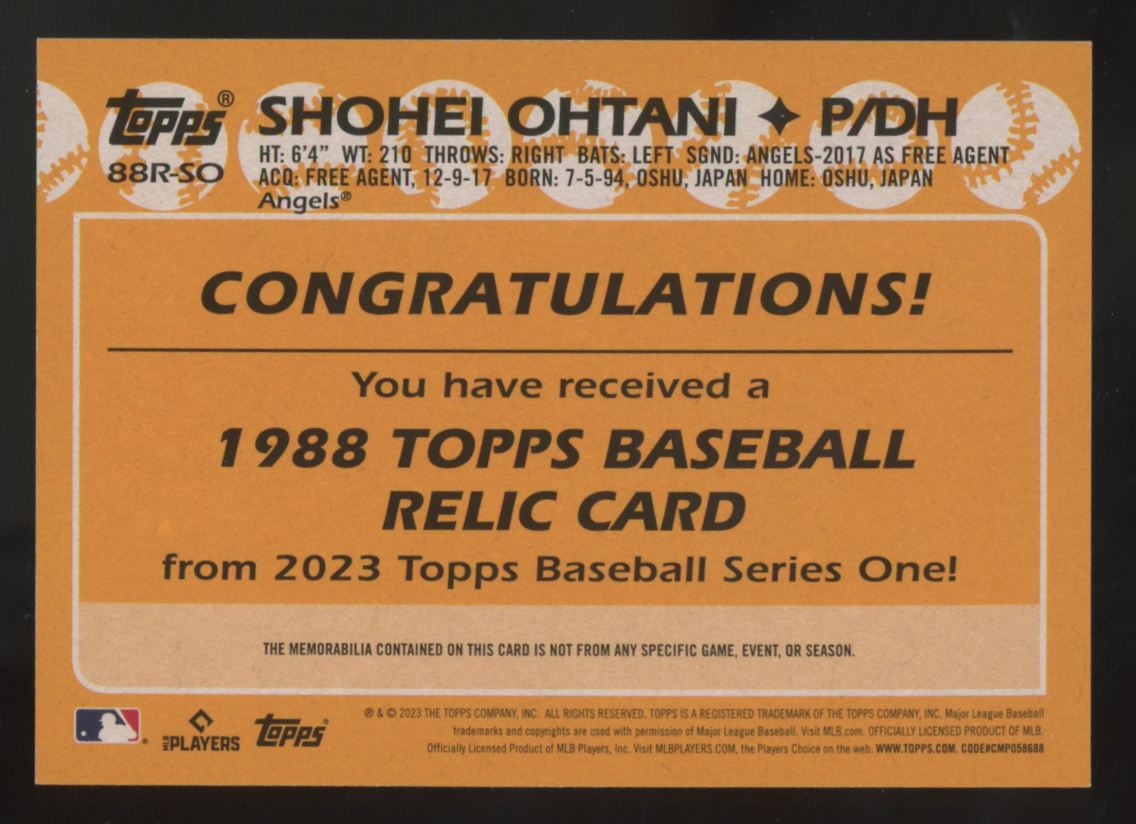2023 Topps Series One Shohei Ohtani 1988 Patch #88R-SO
