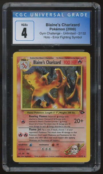 2000 Pokemon Blaine's Charizard Gym Challenge Holo Fighting Symbol Error 2 CGC 4