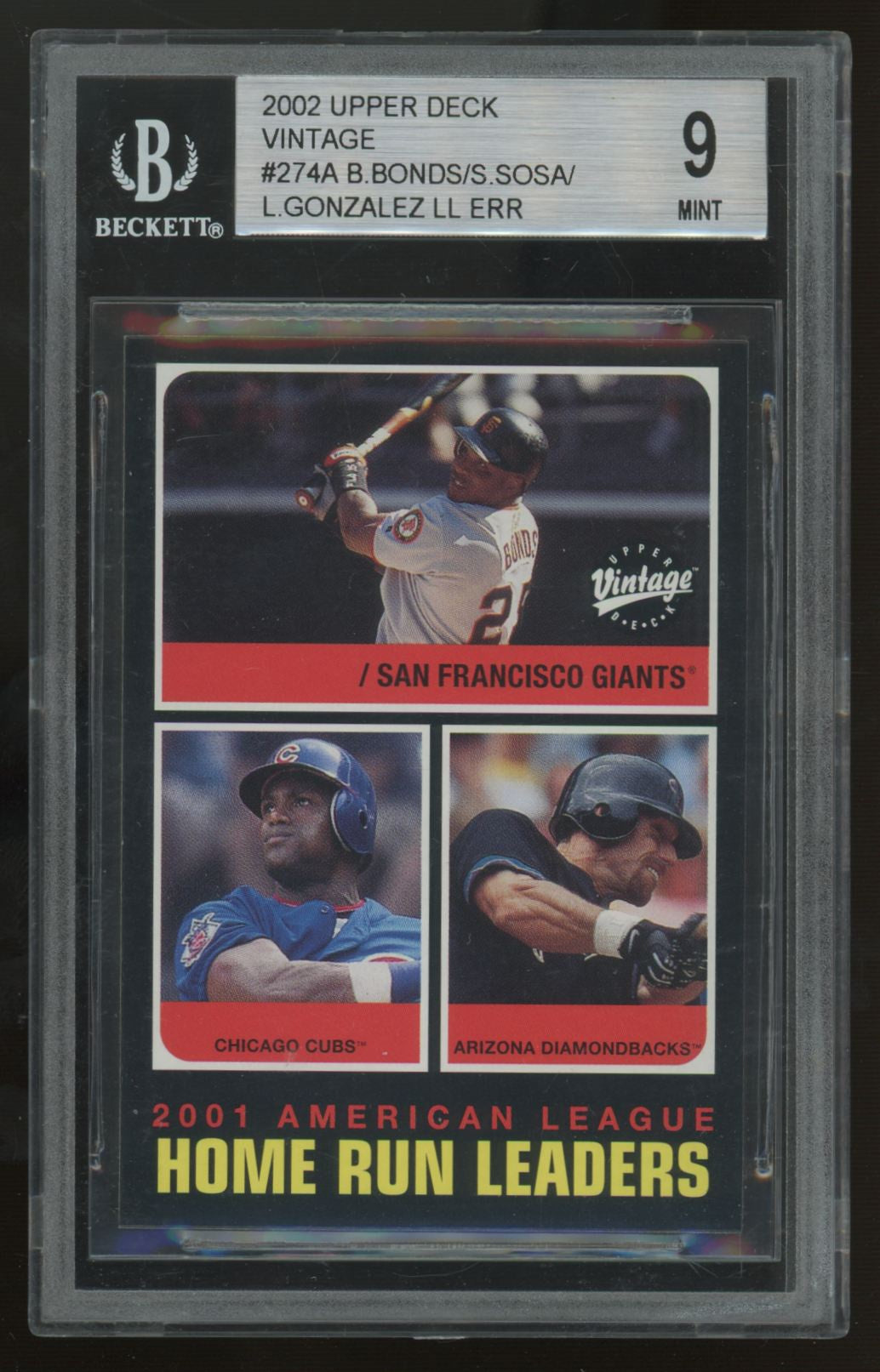 2002 Upper Deck Vintage Barry Bonds, Sammy Sosa, Luis Gonzalez HR Leaders BGS 9