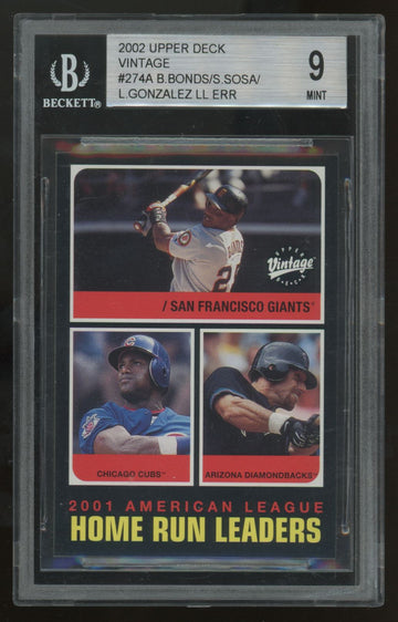 2002 Upper Deck Vintage Barry Bonds, Sammy Sosa, Luis Gonzalez HR Leaders BGS 9