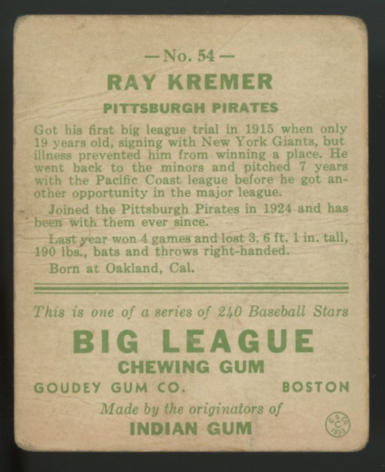 1933 Goudey Ray Kremer #54 Poor