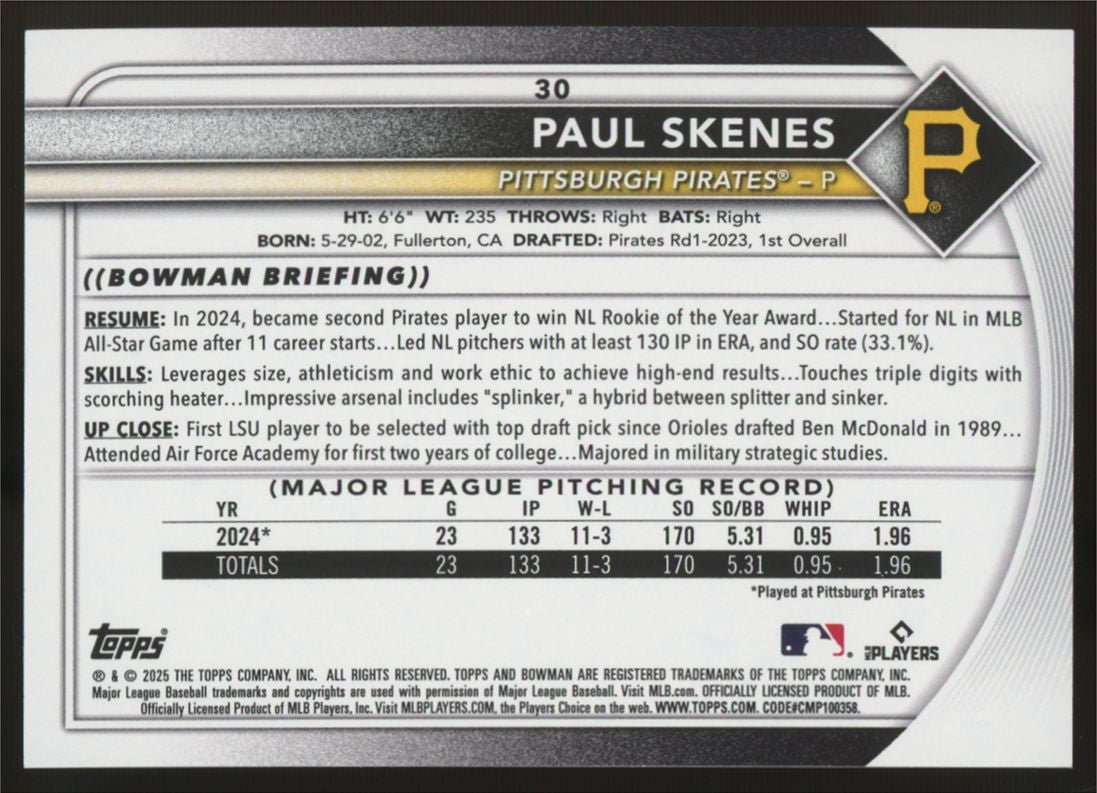 2025 Bowman Baseball Paul Skenes Retro Logo SSP #30