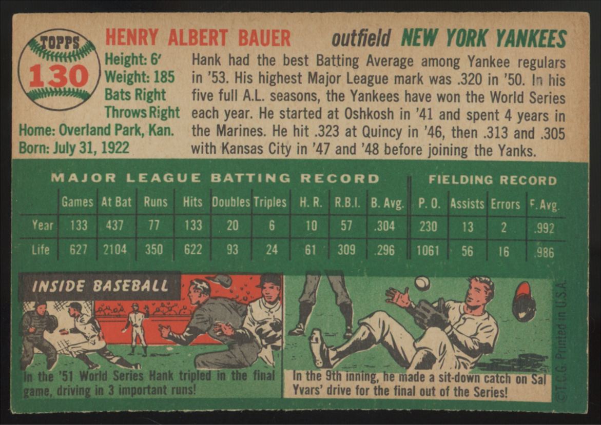 1954 Topps Hank Bauer #130 EX/MT