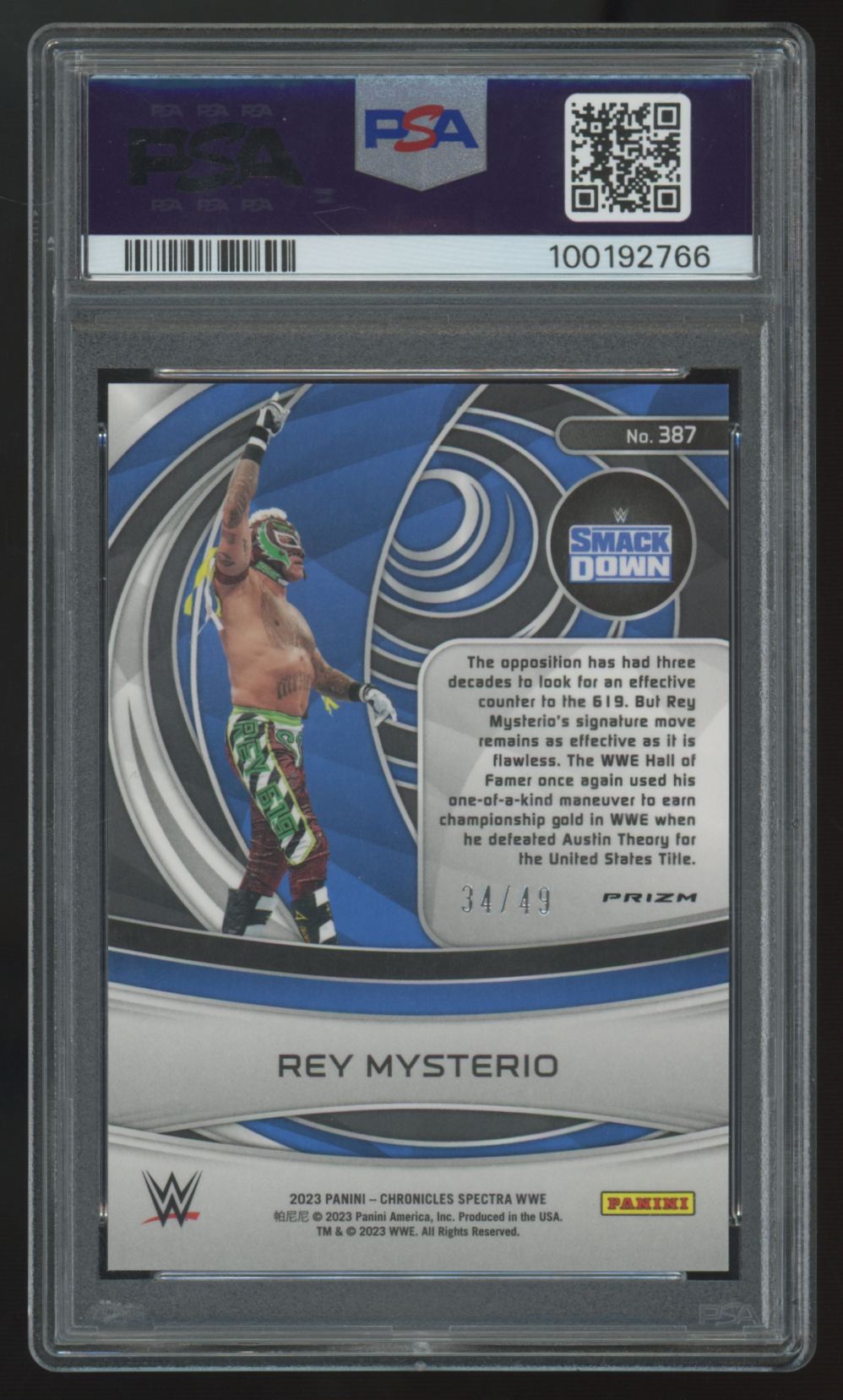 2023 Panini Chronicles Spectra WWE Rey Mysterio Purple /49 #387 PSA 10