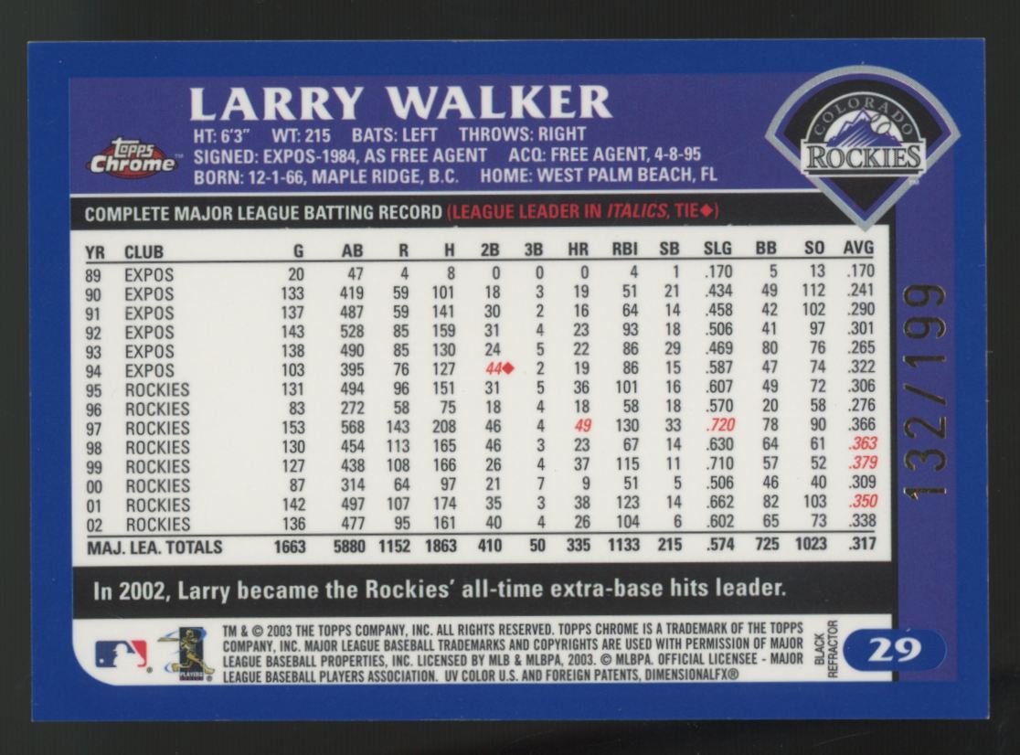 2002 Topps Chrome Larry Walker Black Refractor /199 #29