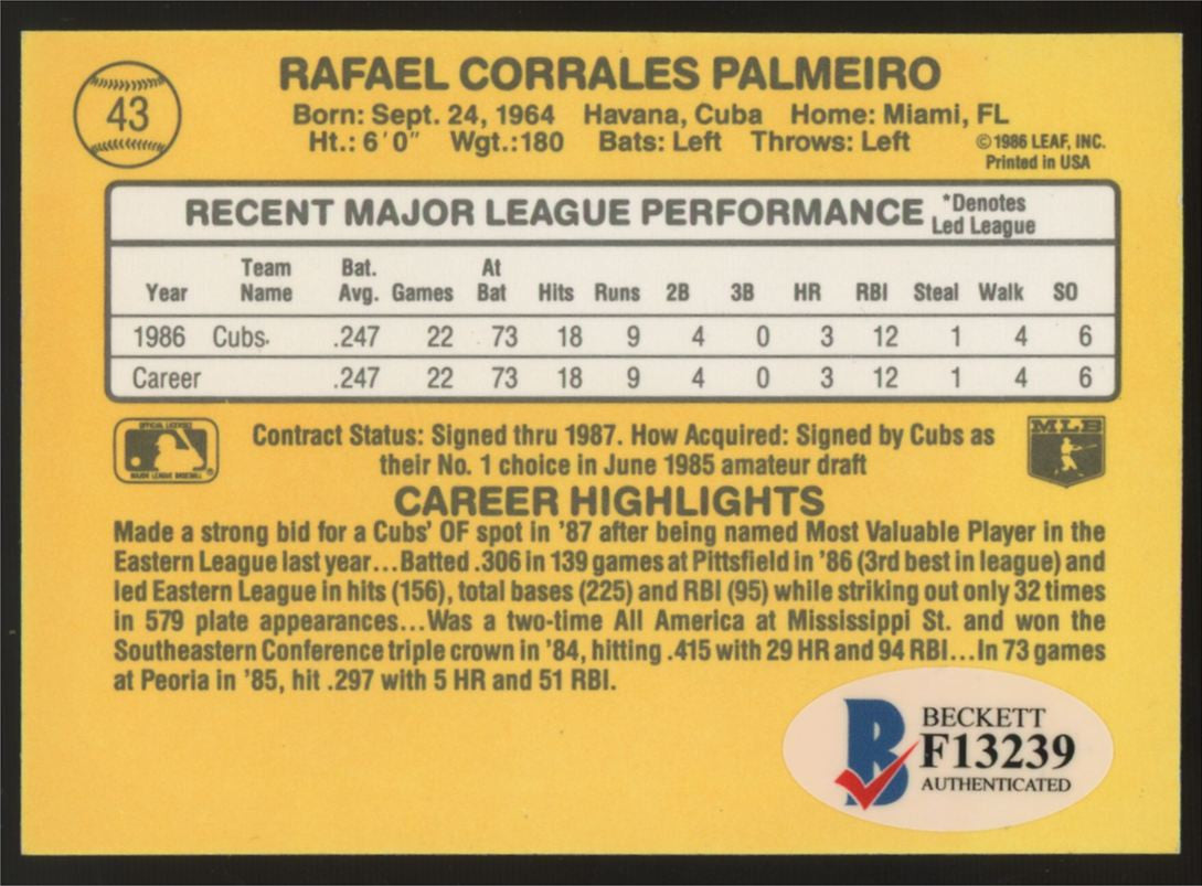 1987 Donruss Rafael Palmeiro Rated Rookie Signed Auto Beckett Authentic #43