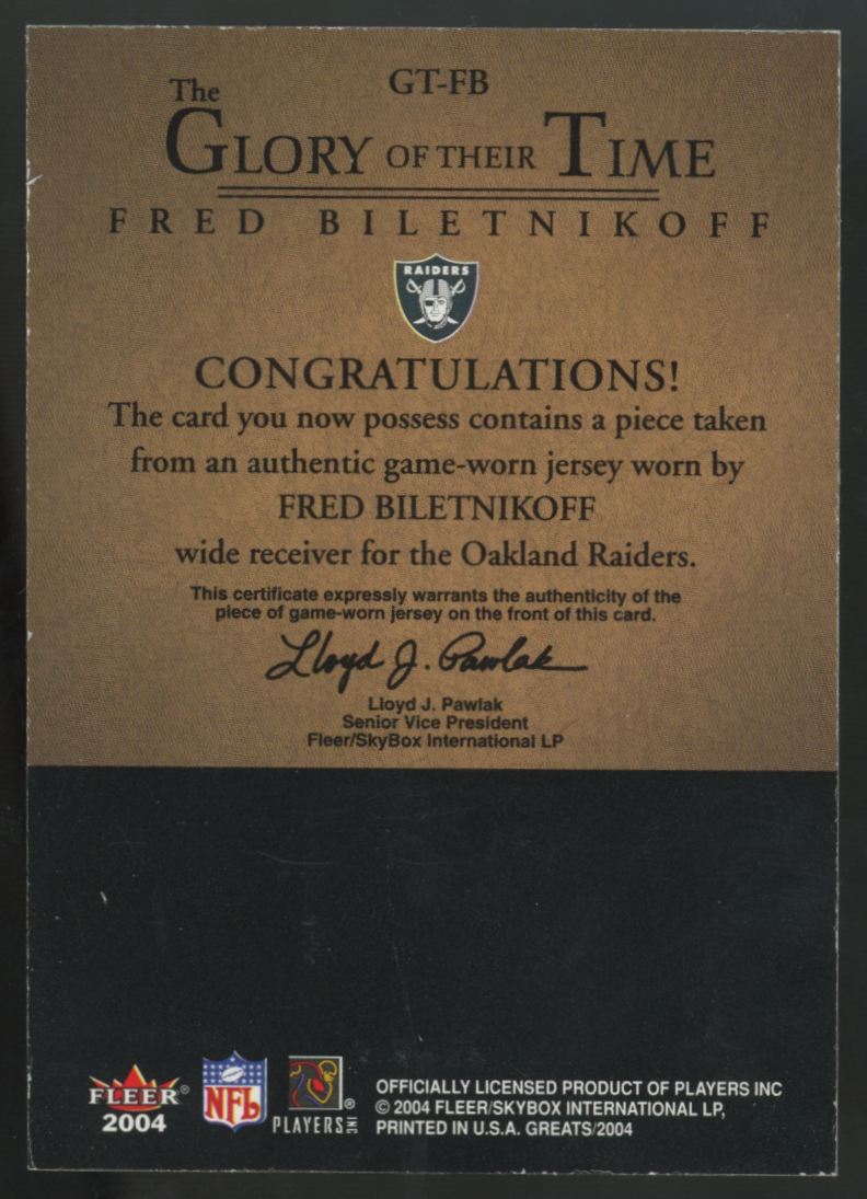 2004 Fleer Greats Fred Biletnikoff Glory Of Their Time Patch #GT-FB