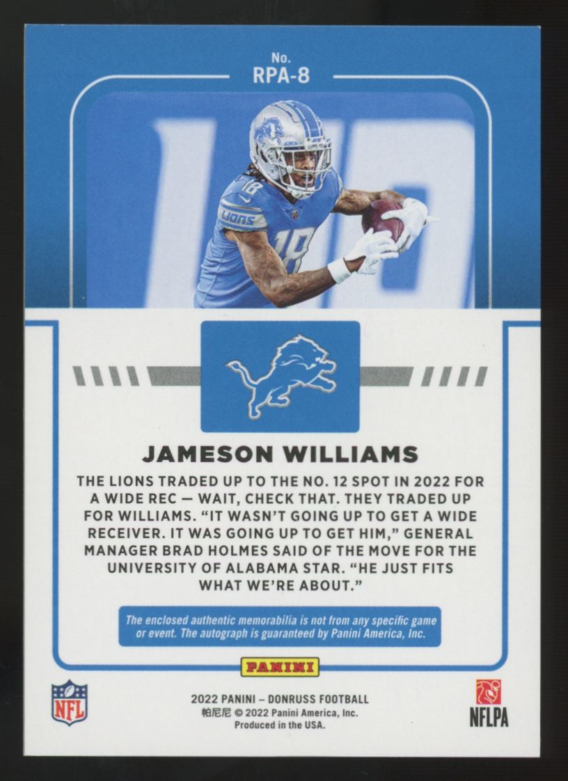2022 Panini Donruss Jameson Williams RC Prime Phenom Patch Auto RPA /49 #RPA-8