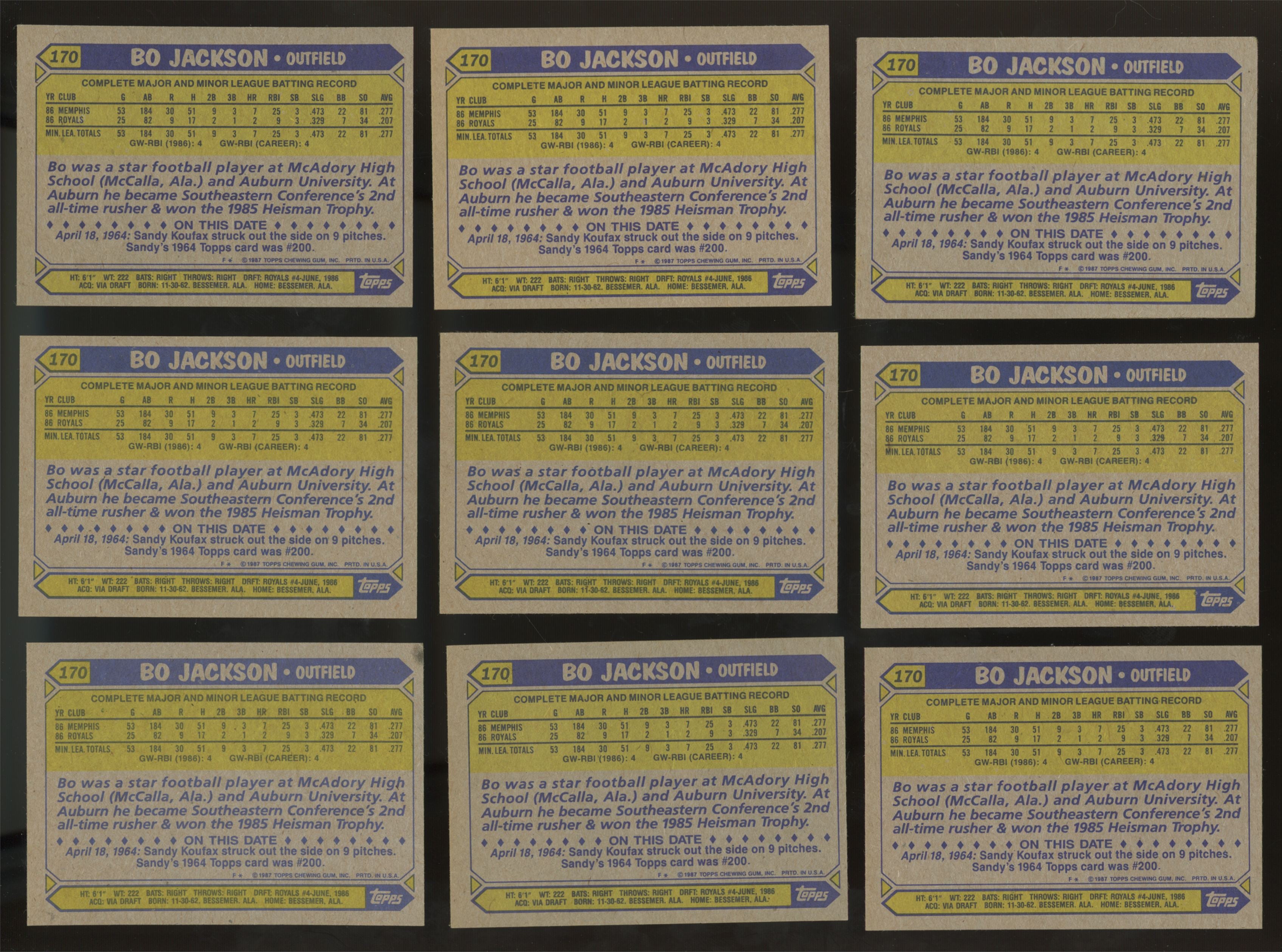 1987 Topps Bo Jackson #170 Lot Of 25 NM-MT