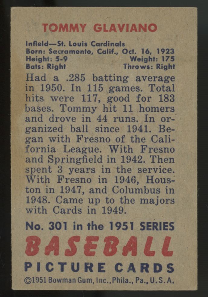 1951 Bowman Tommy Glaviano #301 VG-EX