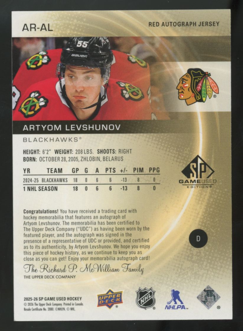 2025-26 UD SP Game Used Artyom Levshunov RC Red Patch Auto RPA /49 #AR-AL
