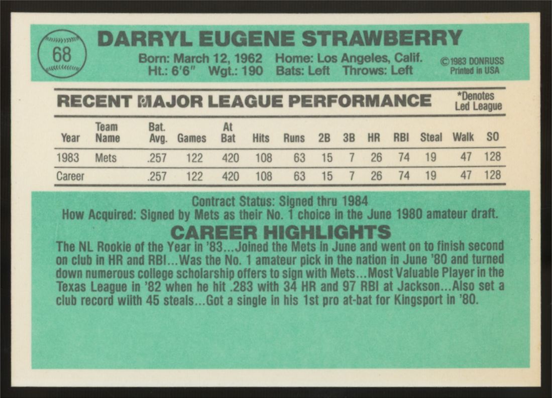1984 Donruss Darryl Strawberry RC #68 VG