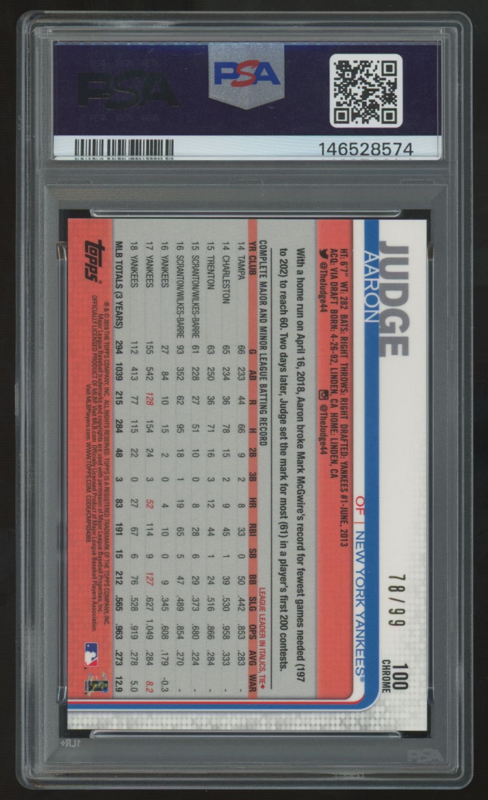 2019 Topps Chrome Aaron Judge Batting Green Refractor /99 #100 PSA 9