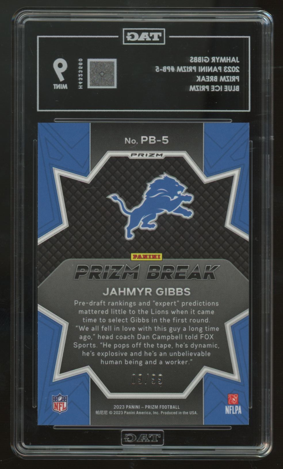 2023 Prizm Jahmyr Gibbs RC Prizm Break Blue Ice /99 #PB-5 TAG 9