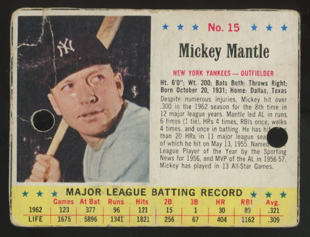 1963 Jell-O Mickey Mantle #15 Poor (Holes)