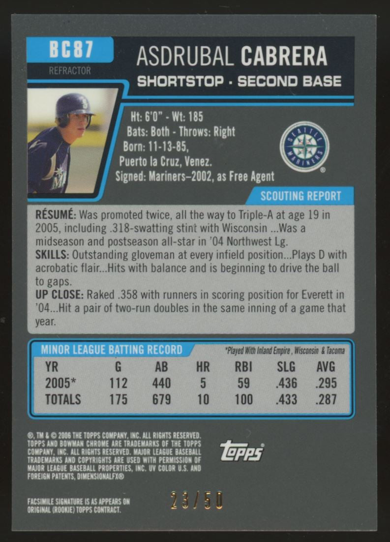2006 Bowman Chrome Asdrubal Cabrera 1st Gold Refractor /50 #BC87