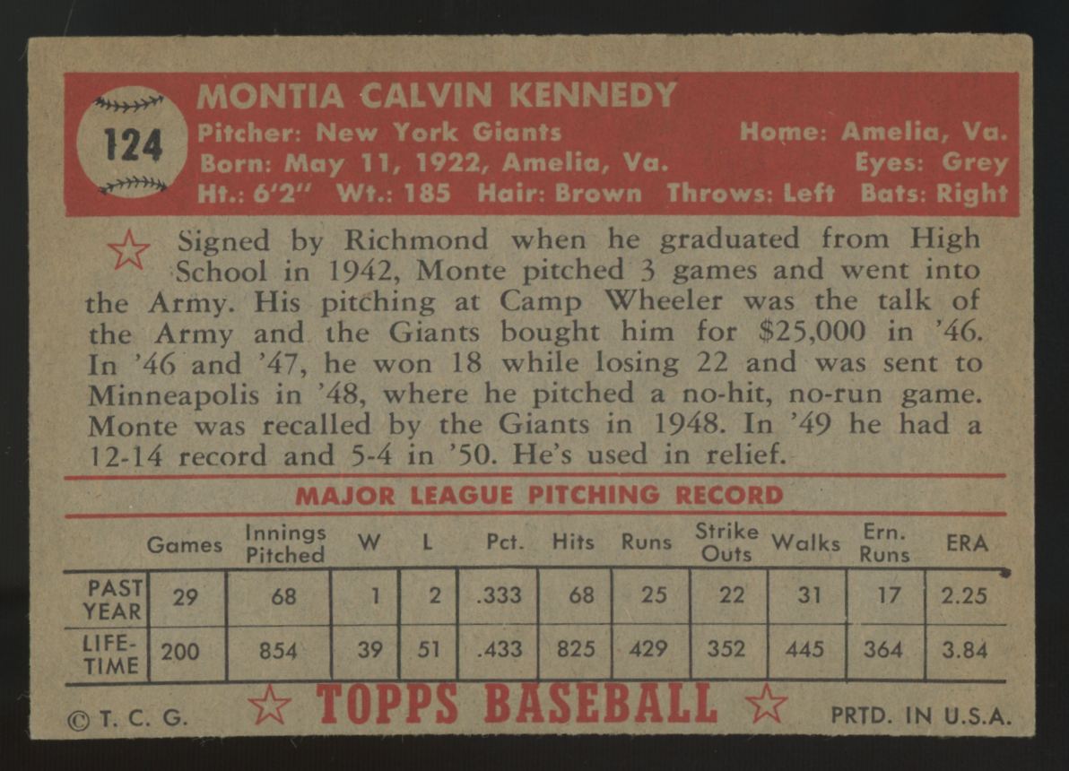 1952 Topps Monte Kennedy #124 EX "B"