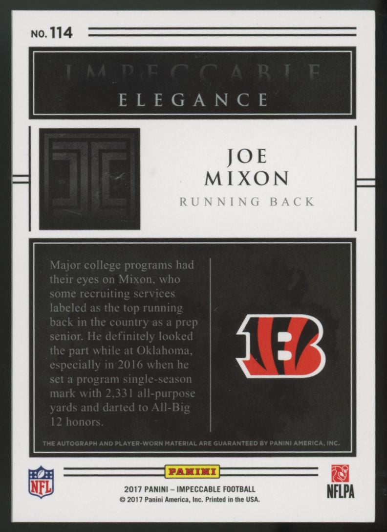 2017 Panini Impeccable Joe Mixon RC Elegance Patch Auto RPA /75 #114