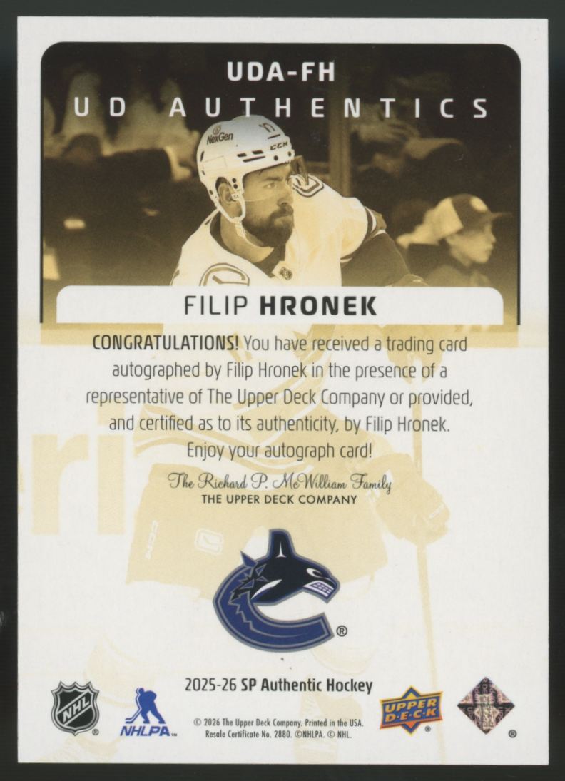 2025-26 Upper Deck SP Authentic Filip Hronek UD Authentics Auto #UDA-FH