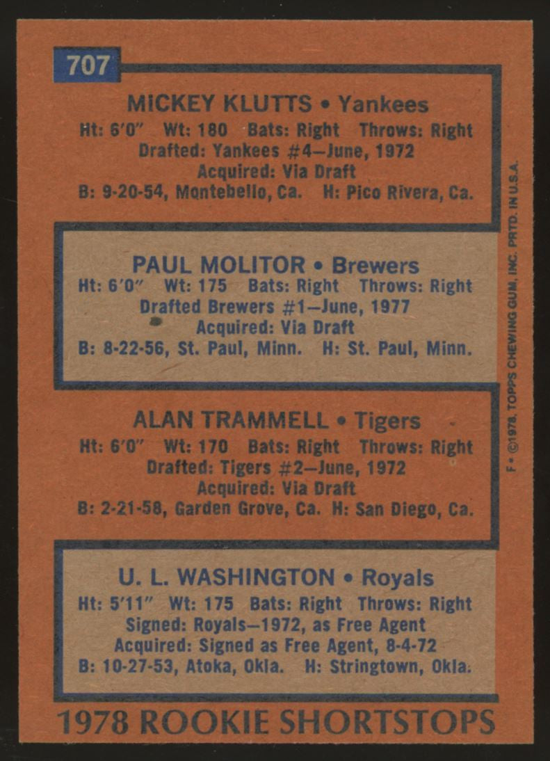 1978 Topps Alan Trammell Paul Molitor RC #707 NM "C"