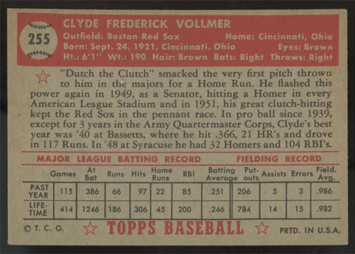 1952 Topps Clyde Vollmer #255 EX "A"