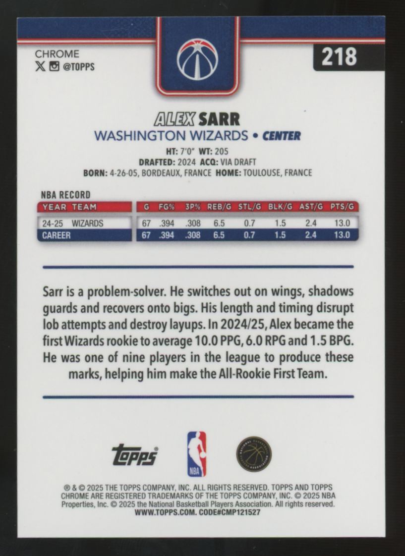 2025-26 Topps Chrome Alex Sarr Orange Raywave /25 #218