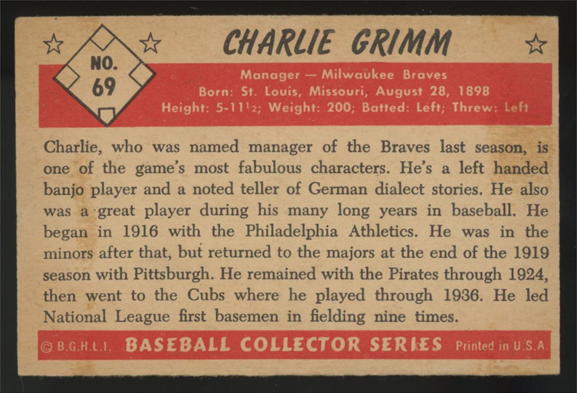 1953 Bowman Color Charlie Grimm #69 VG/EX