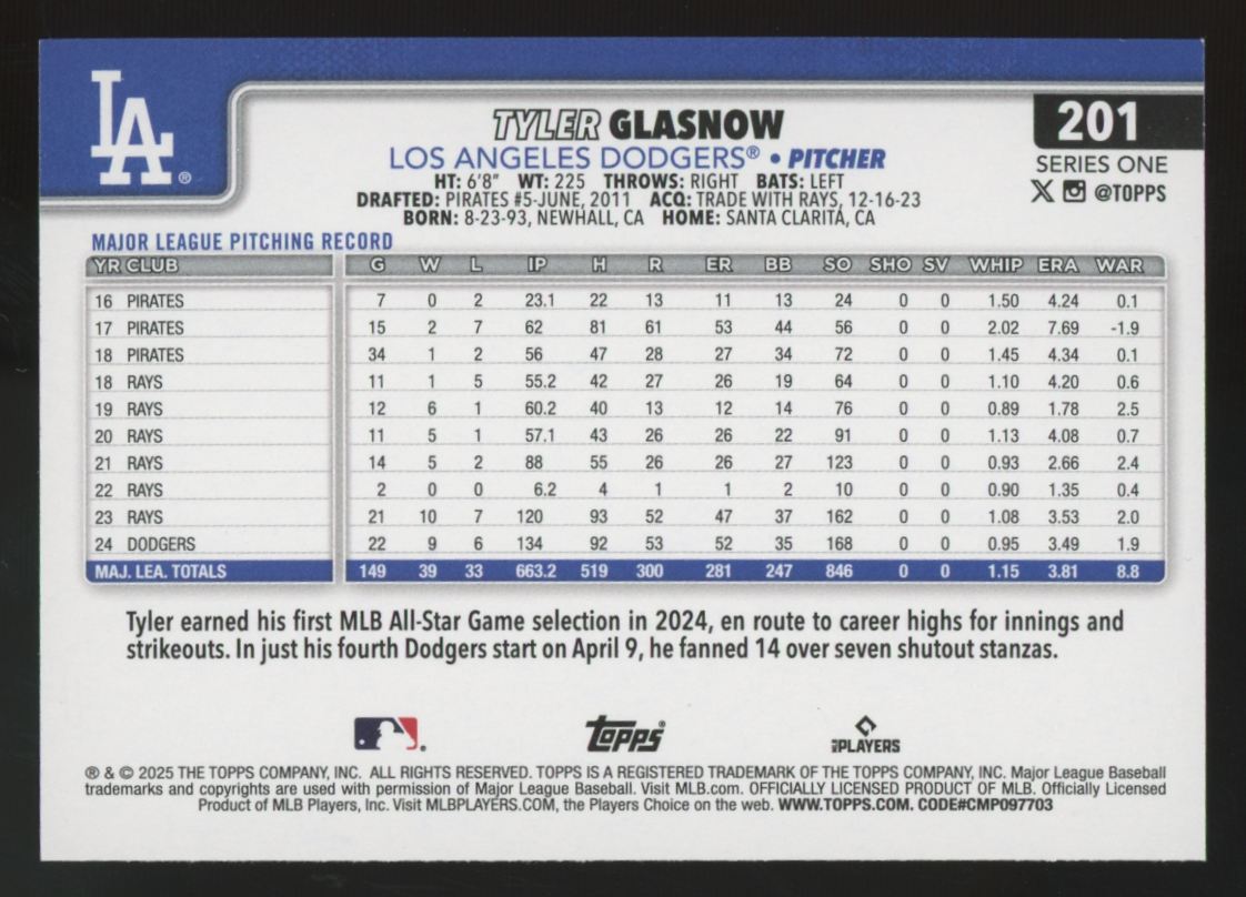 2025 Topps Series One Tyler Glasnow True Photo #201