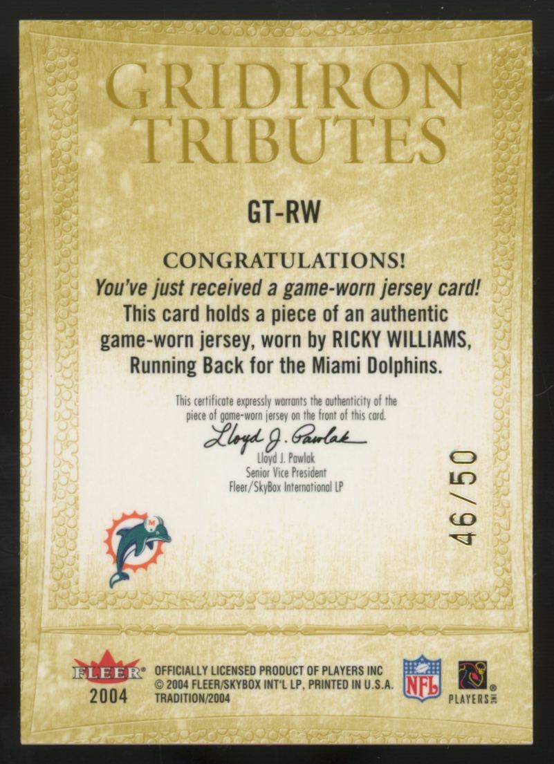 2004 Fleer Tradition Ricky Williams Gridiron Tributes Patch Gold /50 #GT-RW