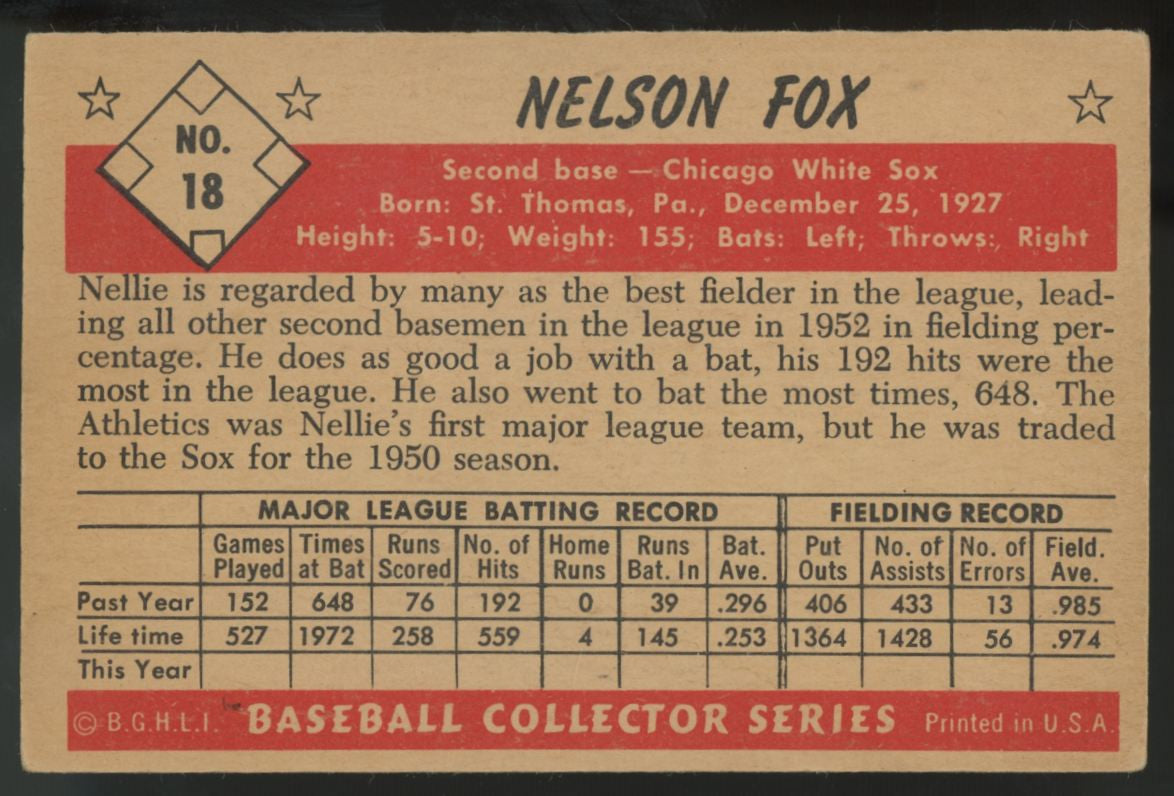 1953 Bowman Color Nelson Fox #18 VG (Wrinkle)