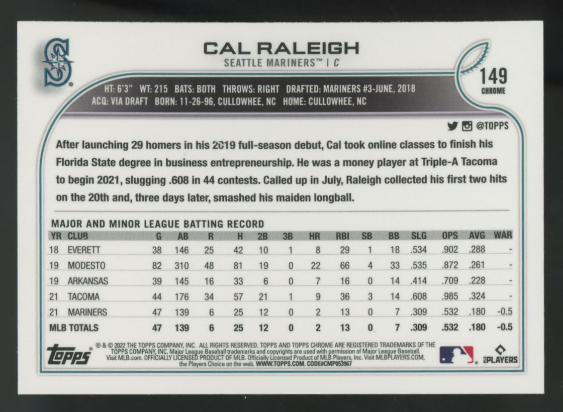 2022 Topps Chrome Cal Raleigh RC Sepia Refractor #149