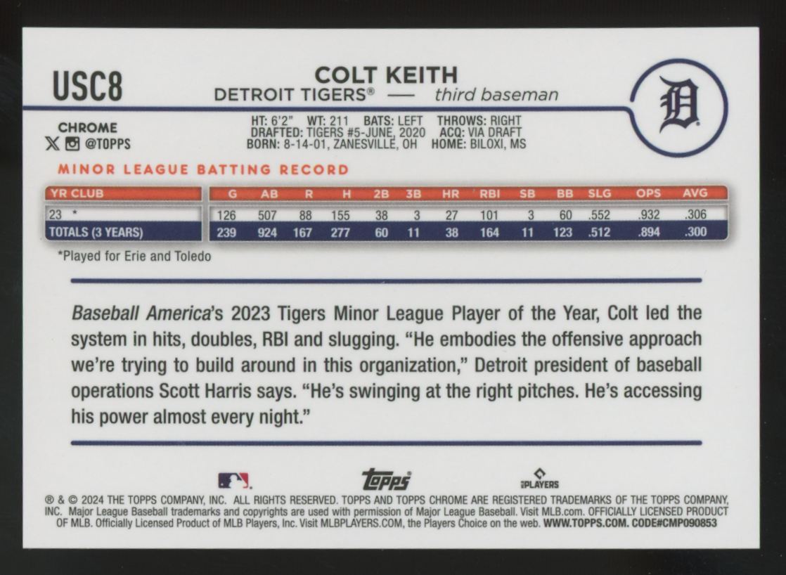 2024 Topps Chrome Update Colt Keith RC Green Speckle /99 #USC8