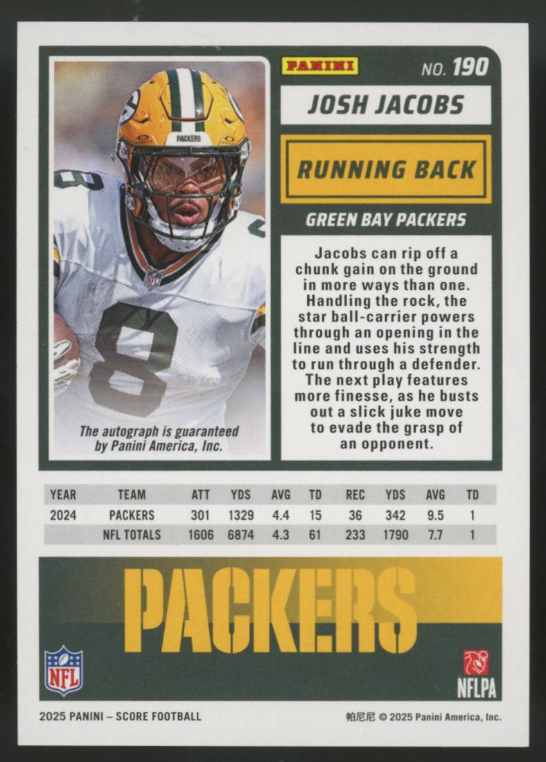 2025 Panini Score Josh Jacobs Green Auto #190