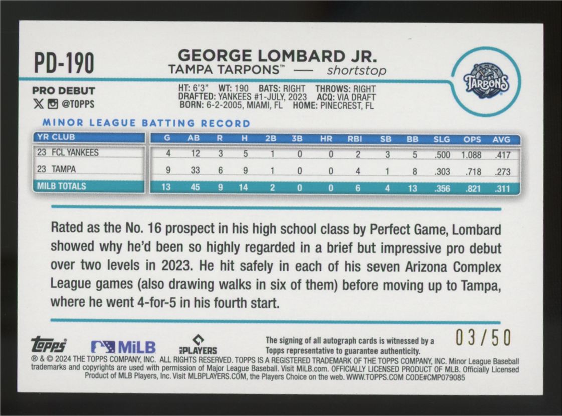 2024 Topps Pro Debut George Lombard Jr. Gold Auto /50 #PD-190