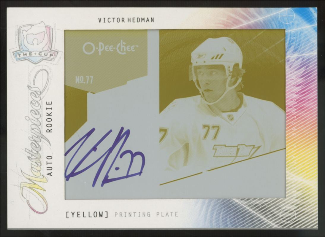 2009-10 UD The Cup Victor Hedman RC Masterpieces Auto Yellow Printing Plate 1/1
