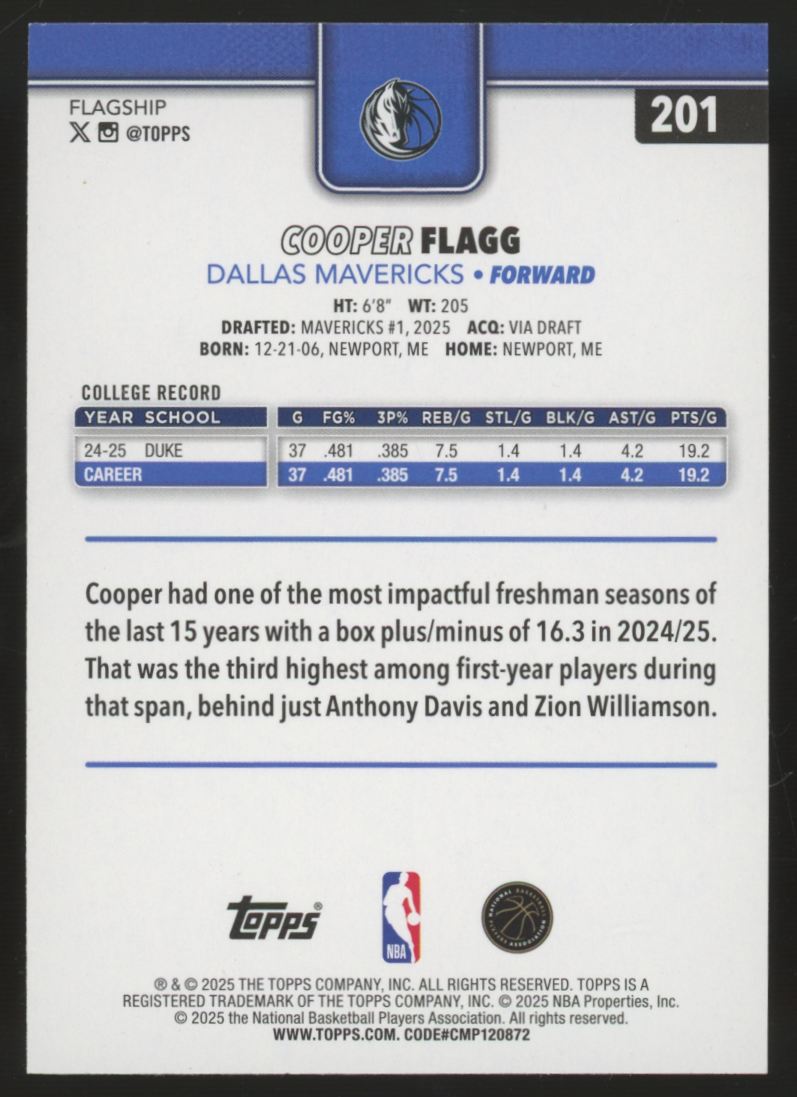 2025-26 Topps Cooper Flagg RC Sandglitter #201